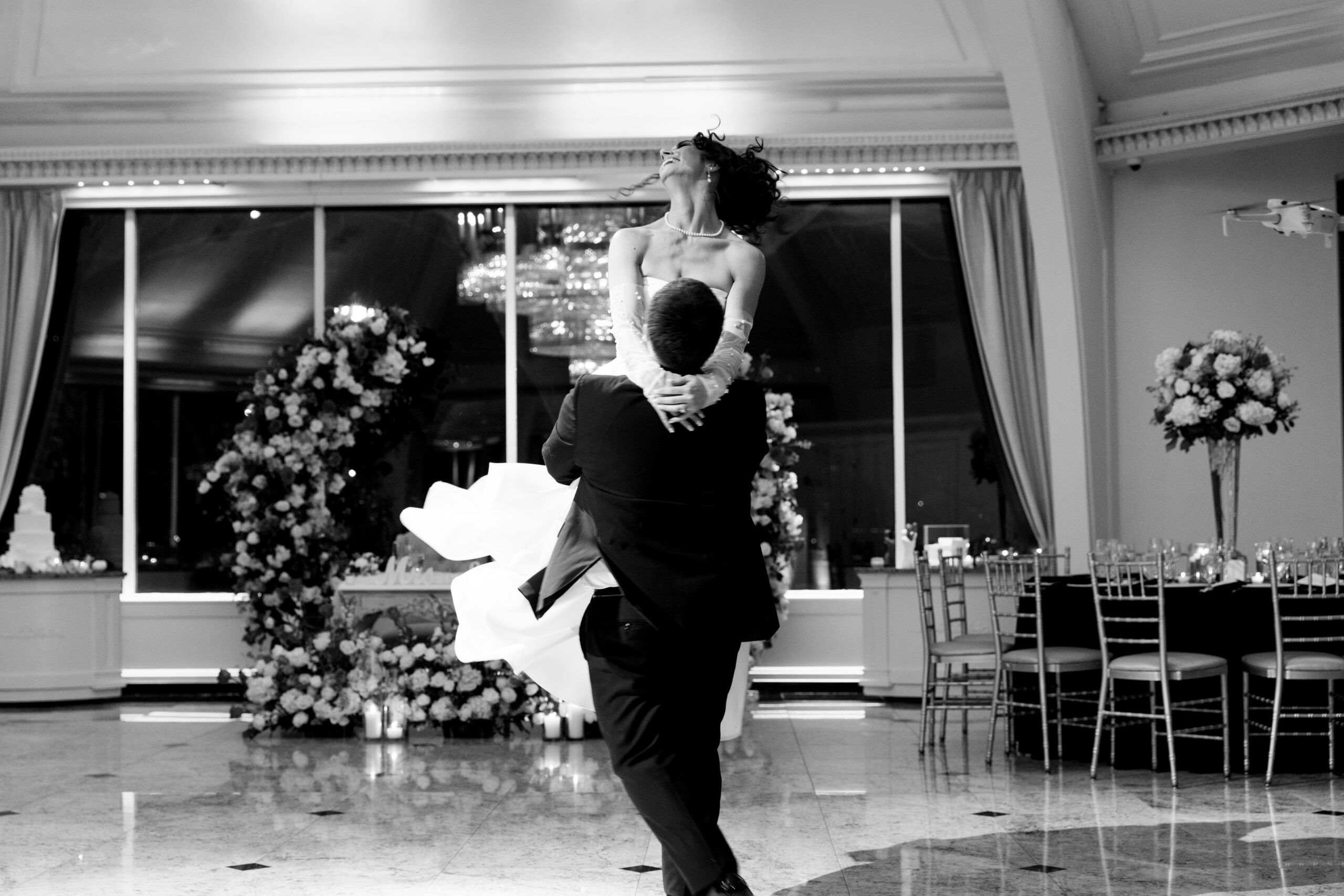 wedding photo of bride and groom dancing