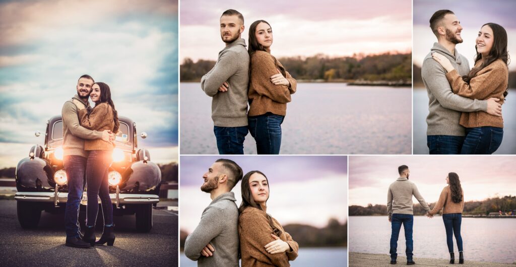 Newly Engaged Couple Poses For Photos With Vintage Car