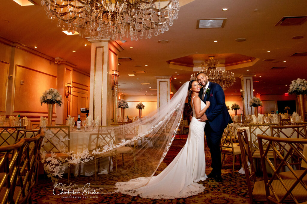 A newlywed couple in the ballroom at The Surf Club on the Sound wedding venue in New Rochelle, NY. 