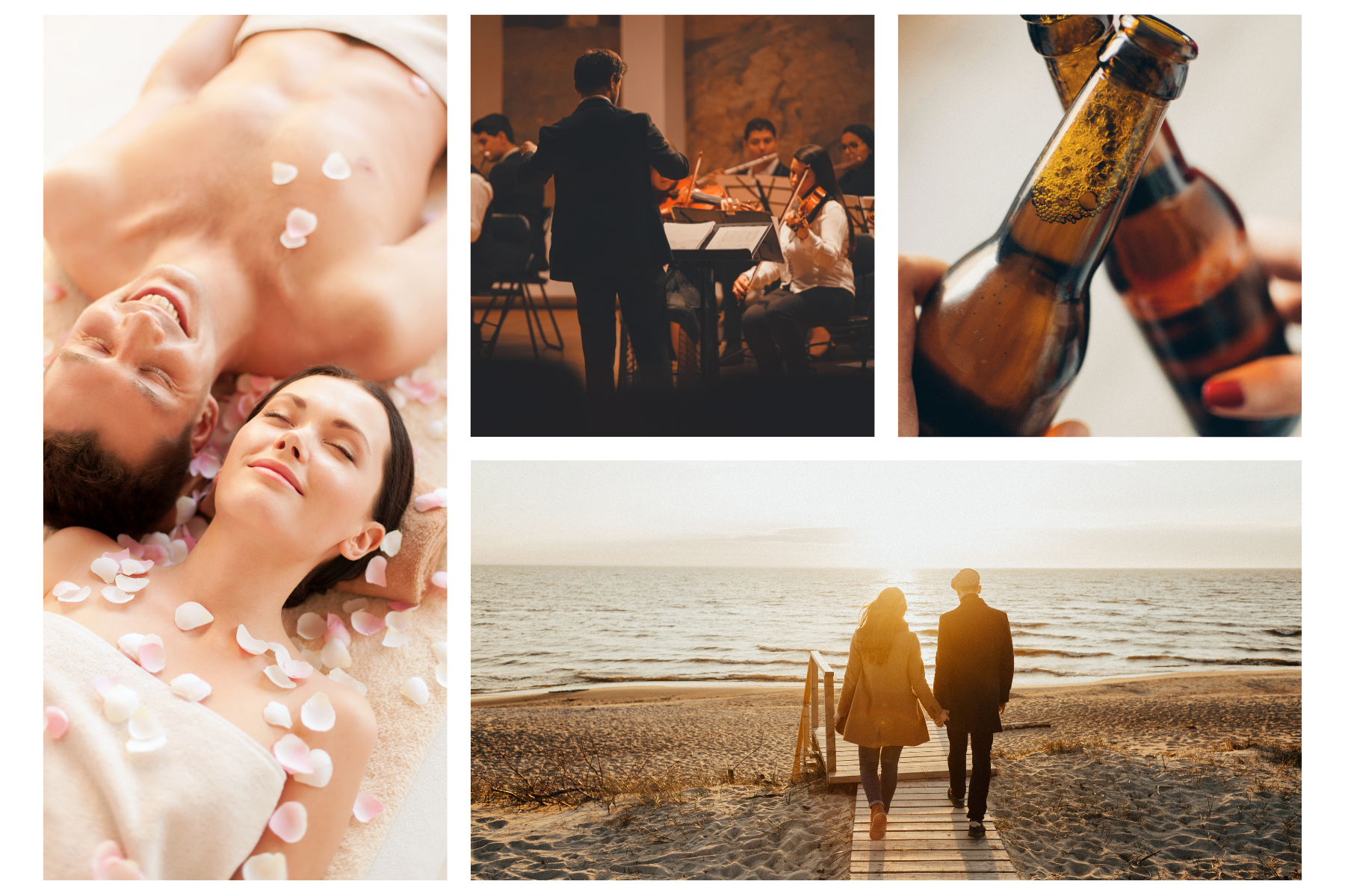A collage of images: a couple at a spa, an orchestra on stage, glass beer bottles clinking, and a couple holding hands on the beach at sunset