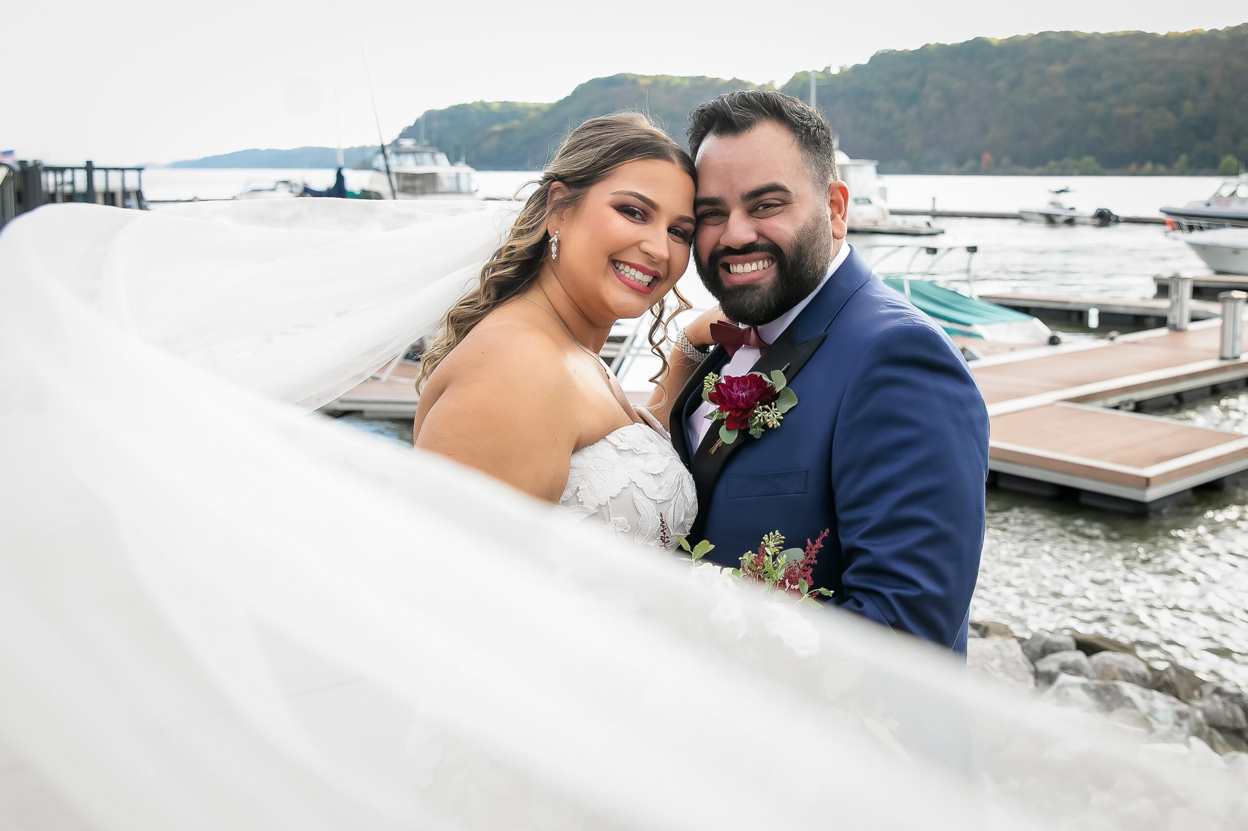 Newlyweds at waterfront wedding venue in Hudson Valley, NY.