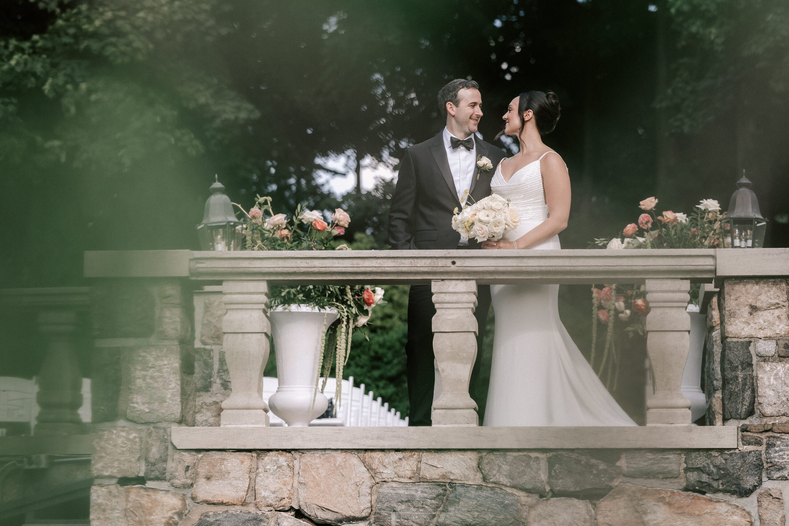 bride and groom on pation at Tappan Hill