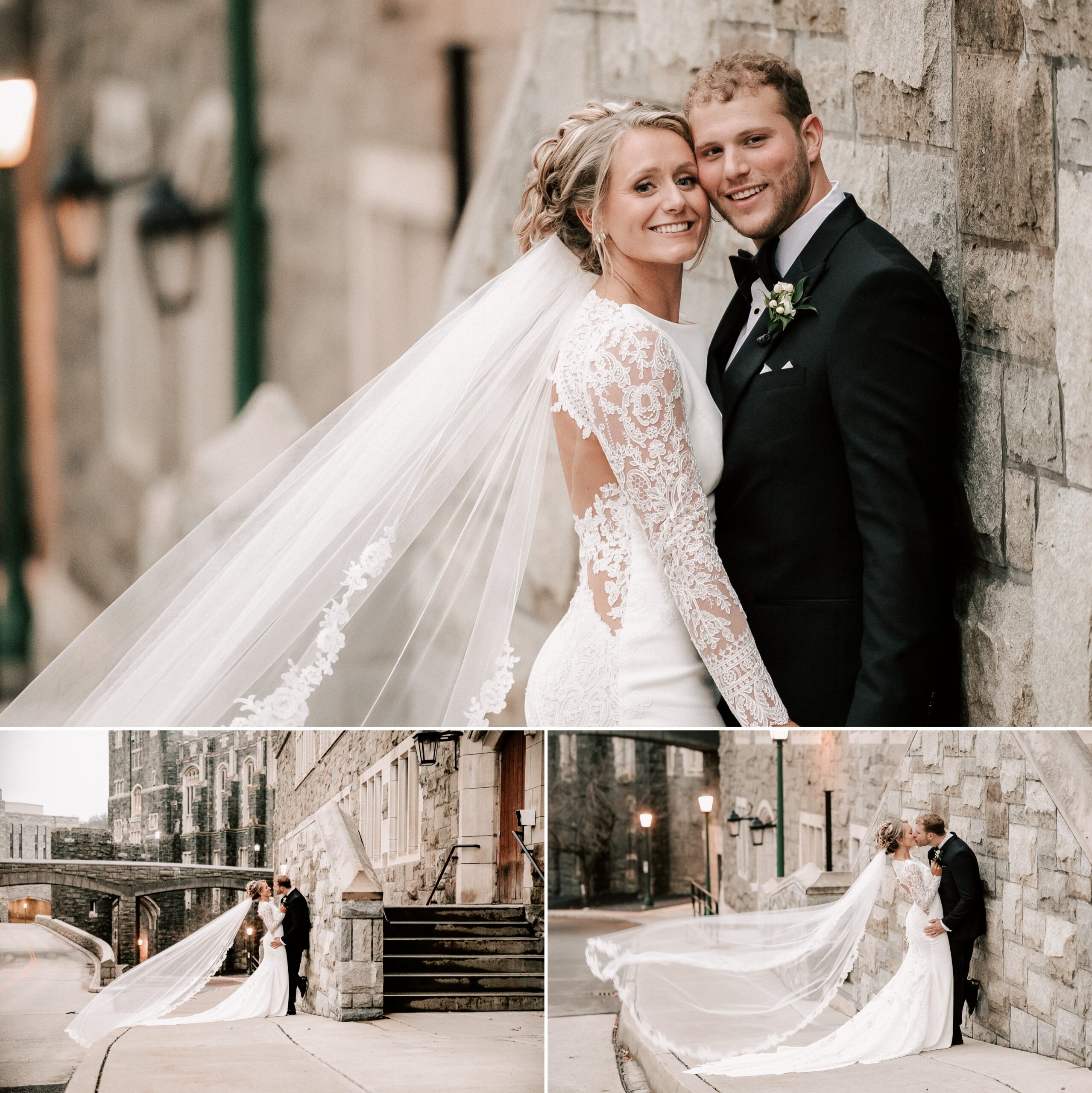 Wedding photography of the bride and groom outside the Thayer Hotel in West Point