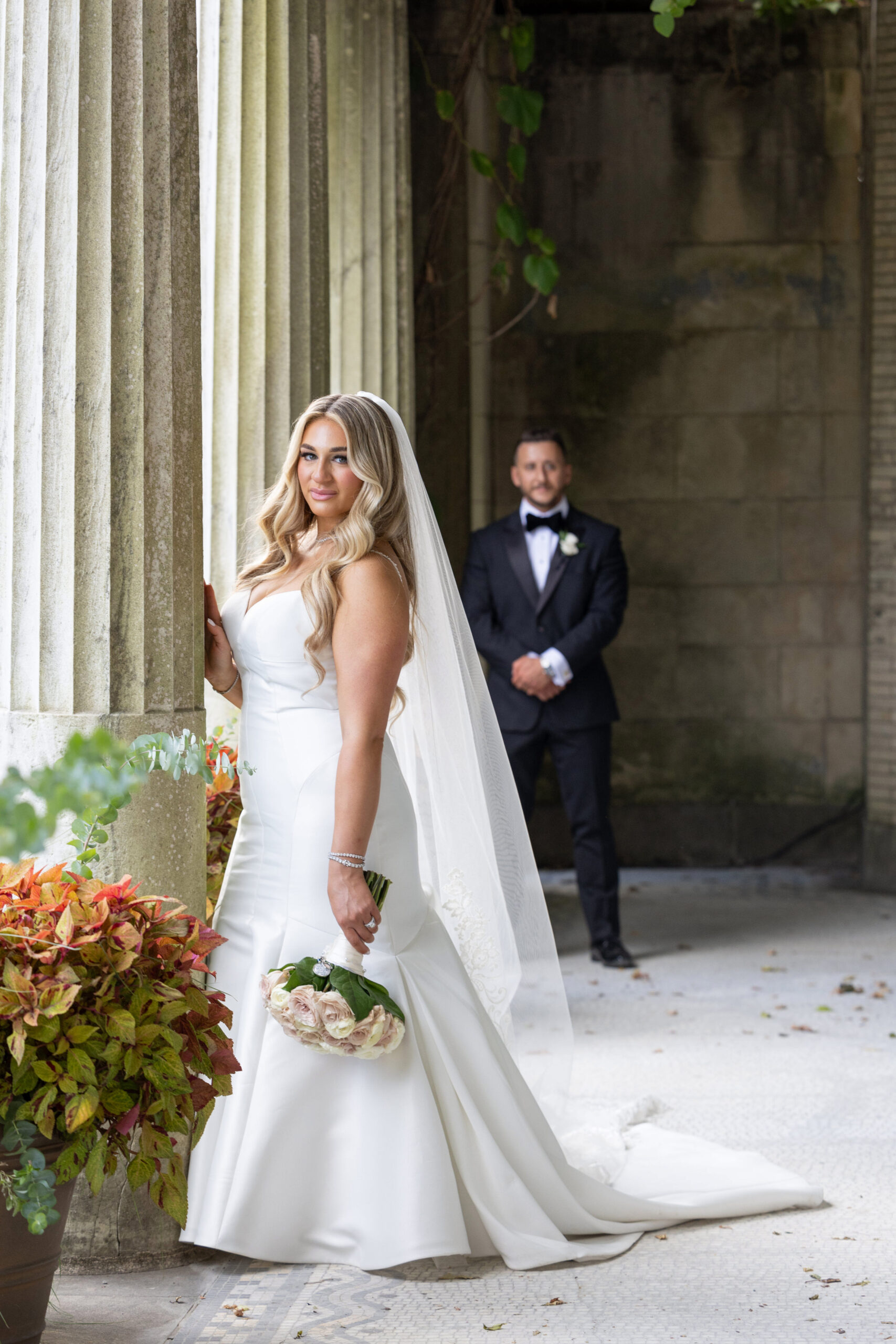 Bride and groom at Untermyer Park for wedding photos