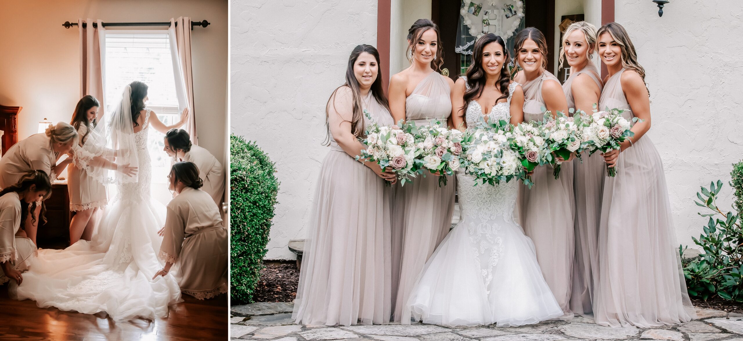 Bride with bridesmaids fixing her dress before the ceremony.