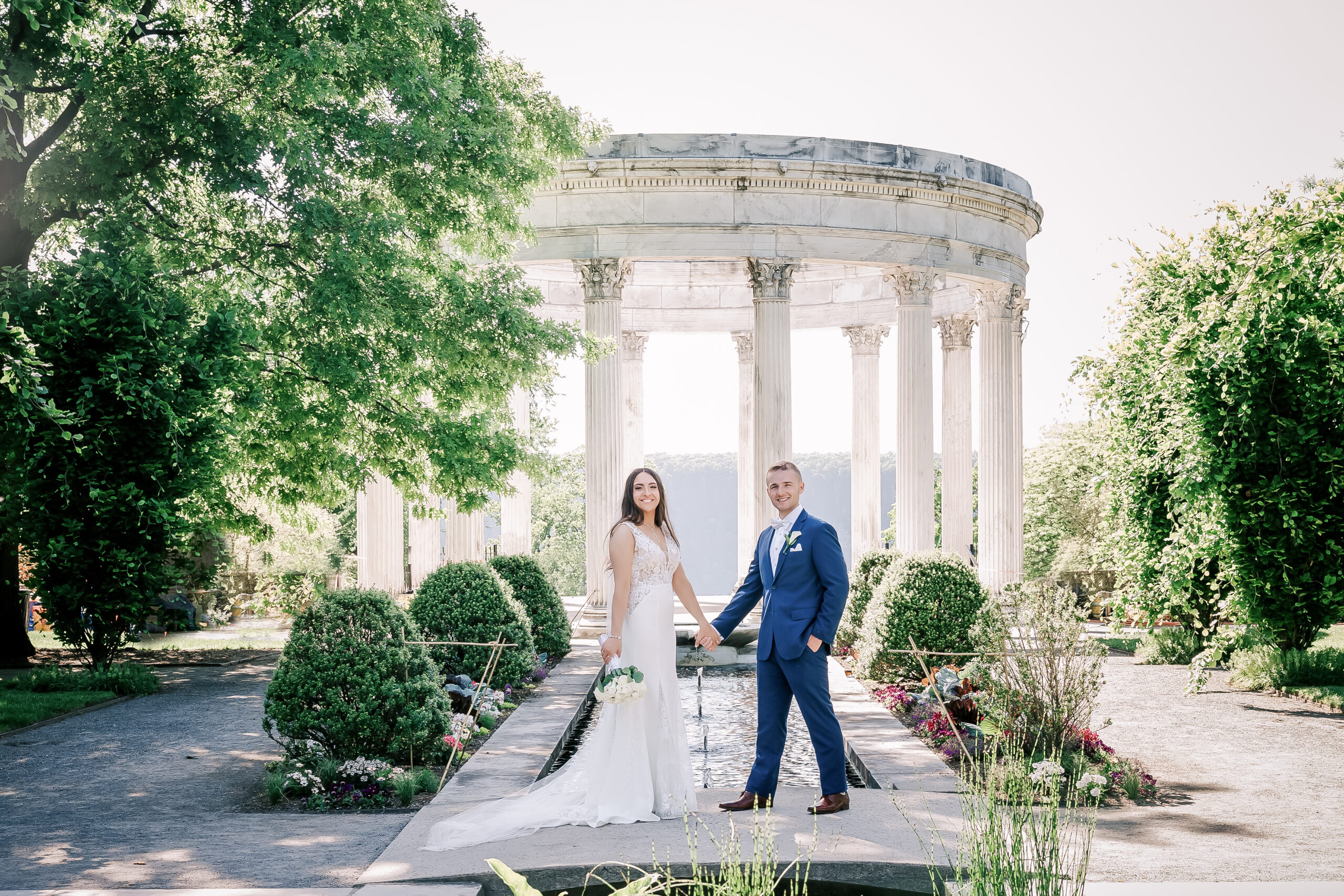 Bride and groom at Untermyer park